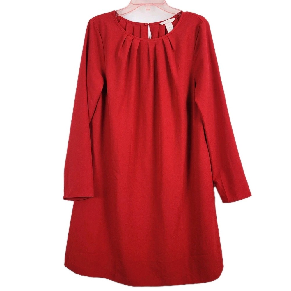 H&M red tunic Dress womens 8 pleated neckline patriotic holiday knee length boho